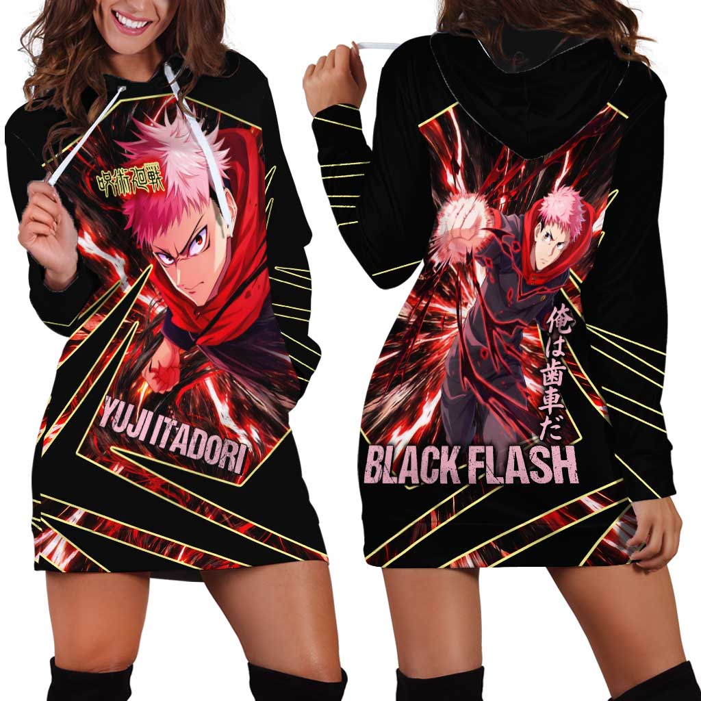 Yuji Itadori Black Flash Hoodie Dress Dynamic Cursed Energy Burst Style