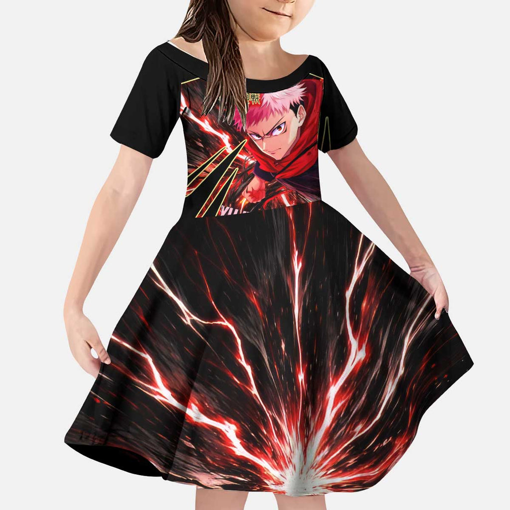 Yuji Itadori Black Flash Kid Short Sleeve Dress Dynamic Cursed Energy Burst Style