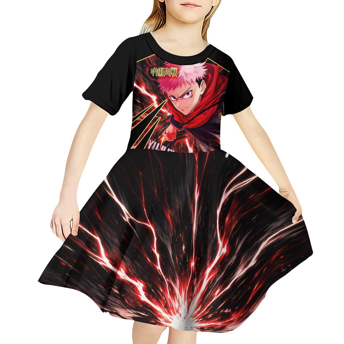 Yuji Itadori Black Flash Kid Short Sleeve Dress Dynamic Cursed Energy Burst Style