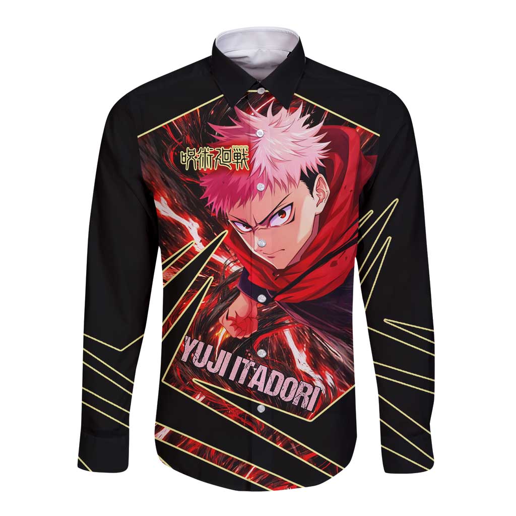 Yuji Itadori Black Flash Long Sleeve Button Shirt Dynamic Cursed Energy Burst Style