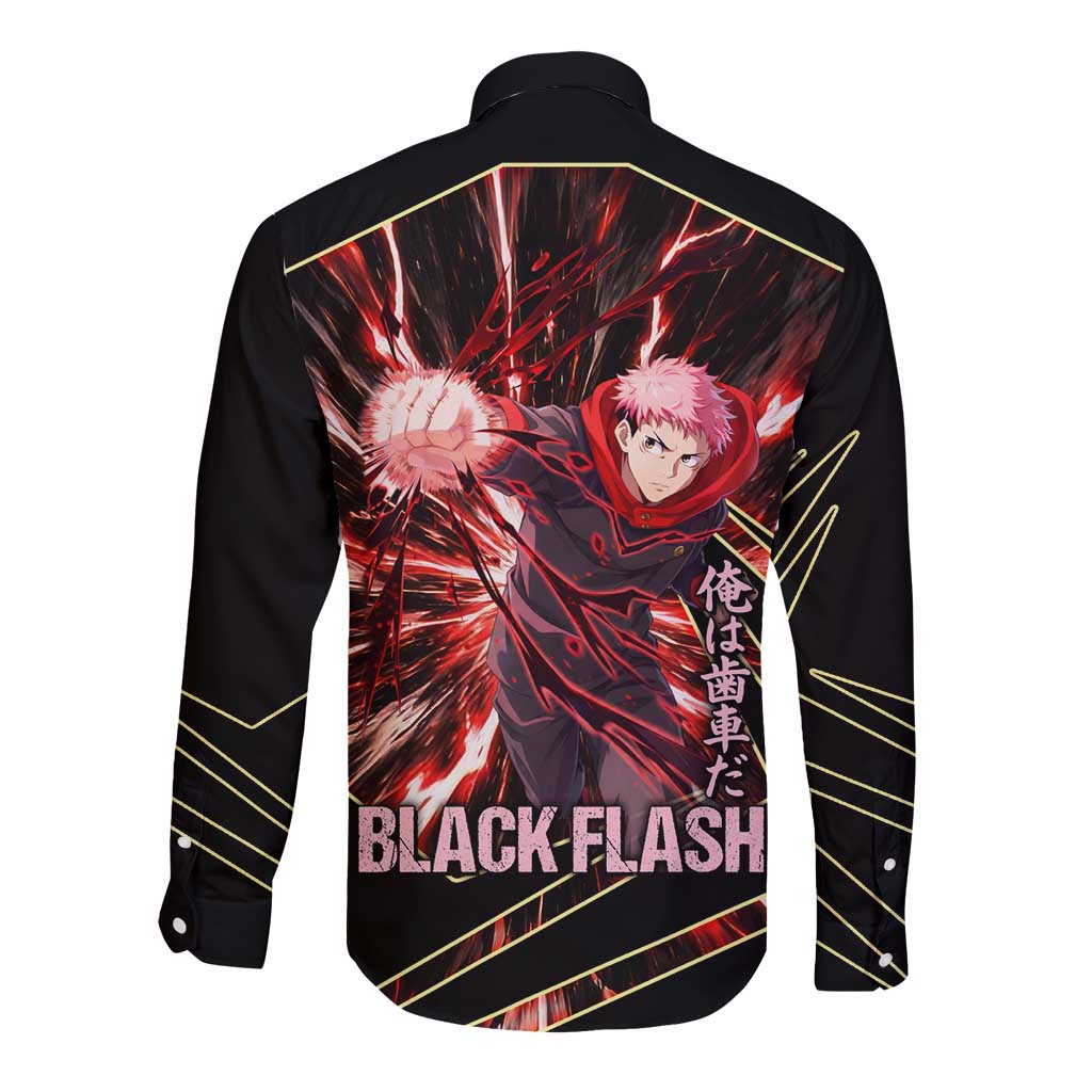 Yuji Itadori Black Flash Long Sleeve Button Shirt Dynamic Cursed Energy Burst Style