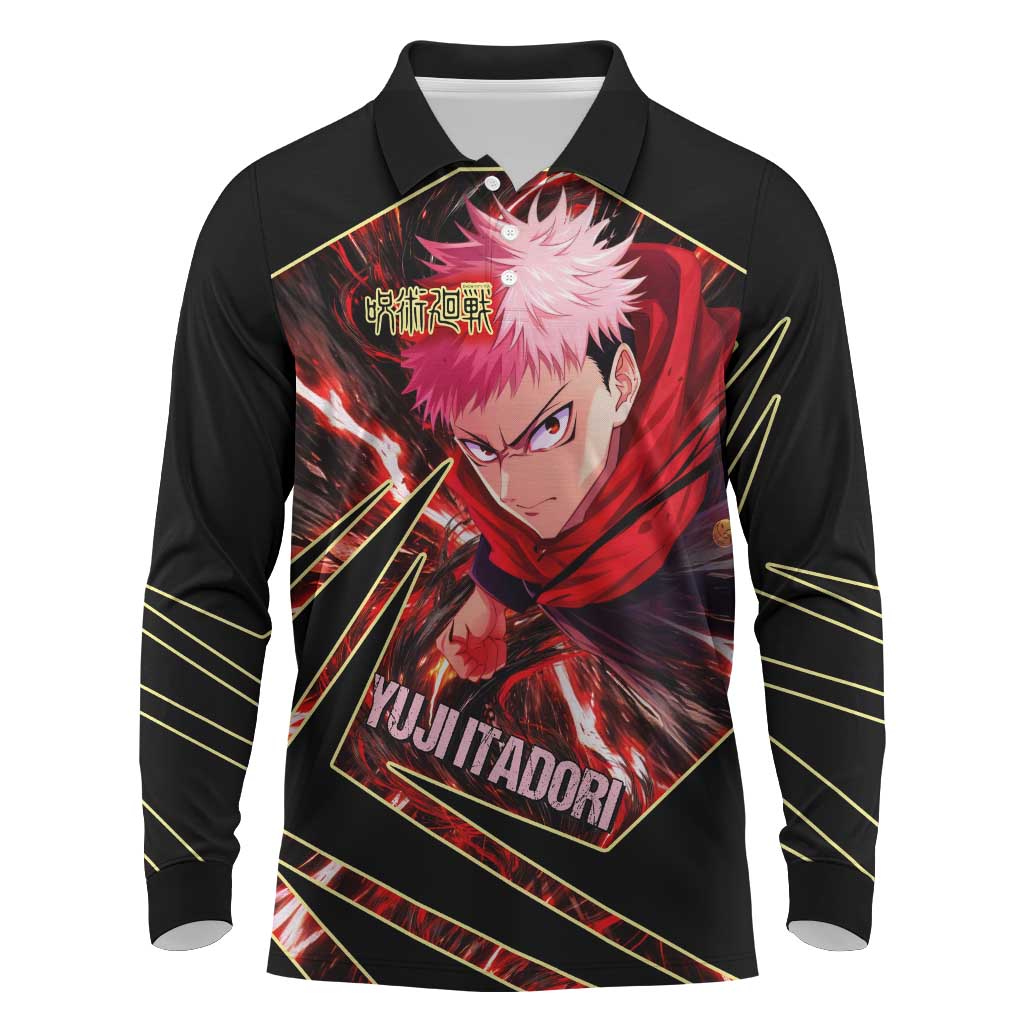 Yuji Itadori Black Flash Long Sleeve Polo Shirt Dynamic Cursed Energy Burst Style