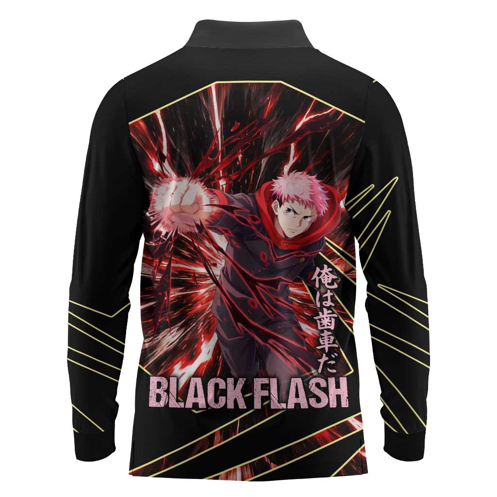 Yuji Itadori Black Flash Long Sleeve Polo Shirt Dynamic Cursed Energy Burst Style