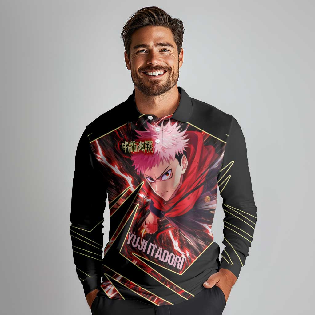 Yuji Itadori Black Flash Long Sleeve Polo Shirt Dynamic Cursed Energy Burst Style