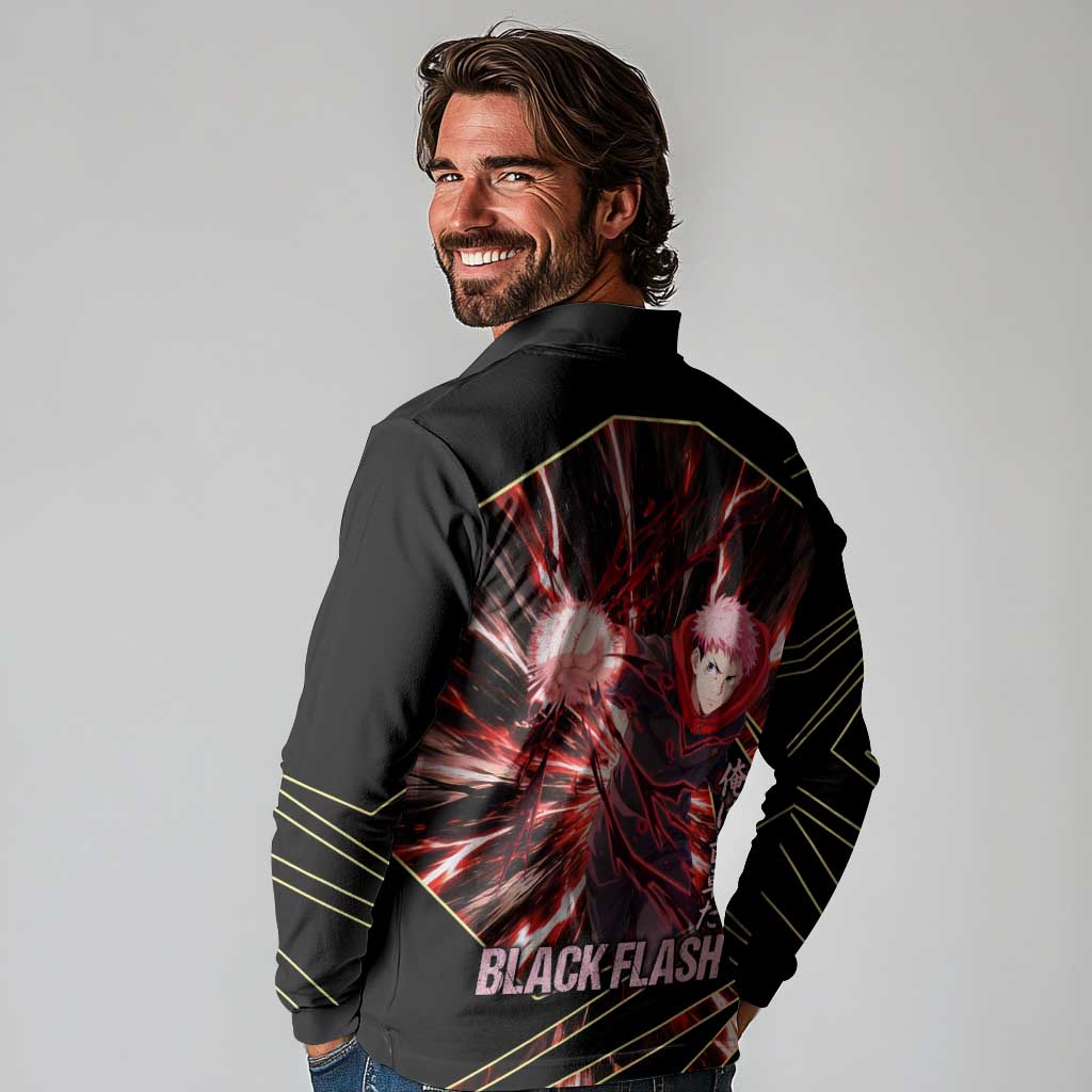 Yuji Itadori Black Flash Long Sleeve Polo Shirt Dynamic Cursed Energy Burst Style