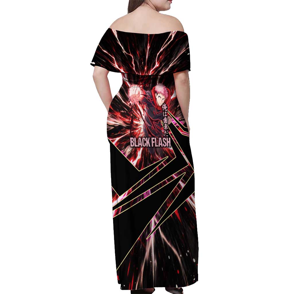 Yuji Itadori Black Flash Off Shoulder Maxi Dress Dynamic Cursed Energy Burst Style
