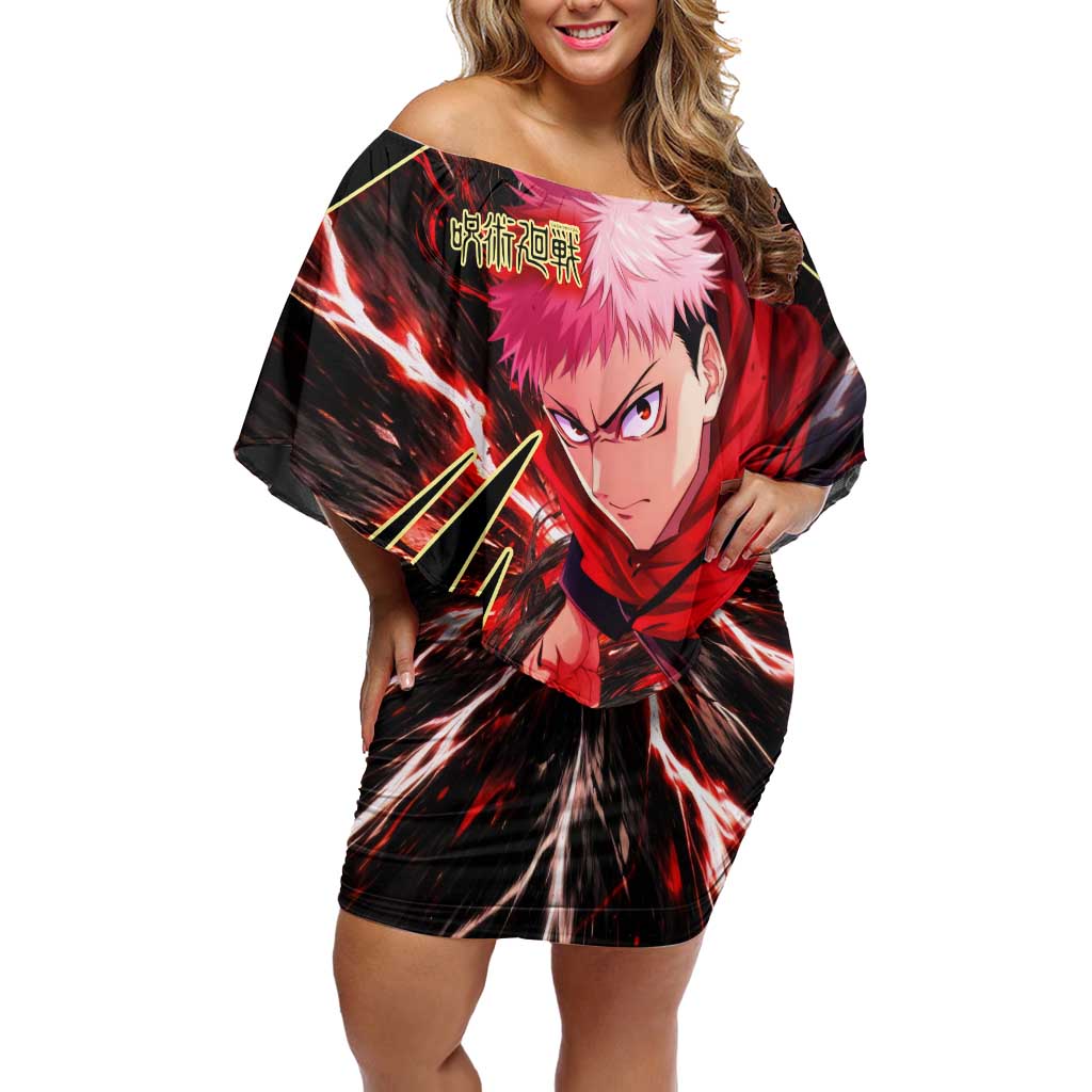 Yuji Itadori Black Flash Off Shoulder Short Dress Dynamic Cursed Energy Burst Style