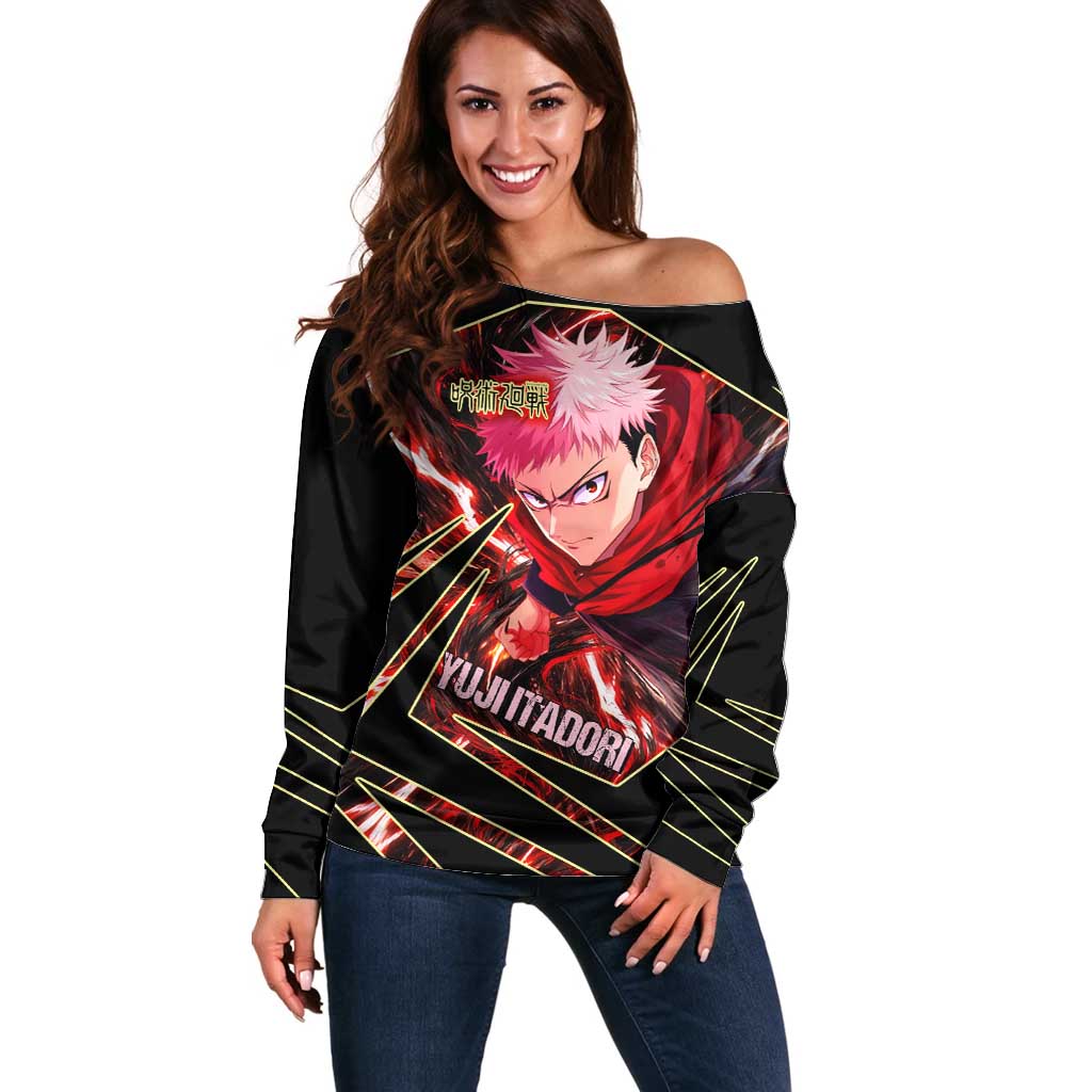 Yuji Itadori Black Flash Off Shoulder Sweater Dynamic Cursed Energy Burst Style