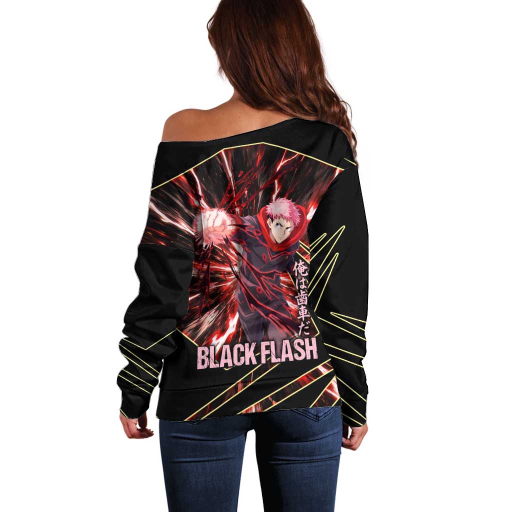 Yuji Itadori Black Flash Off Shoulder Sweater Dynamic Cursed Energy Burst Style