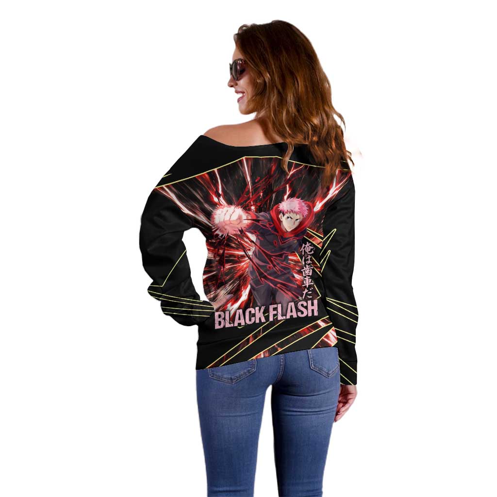 Yuji Itadori Black Flash Off Shoulder Sweater Dynamic Cursed Energy Burst Style