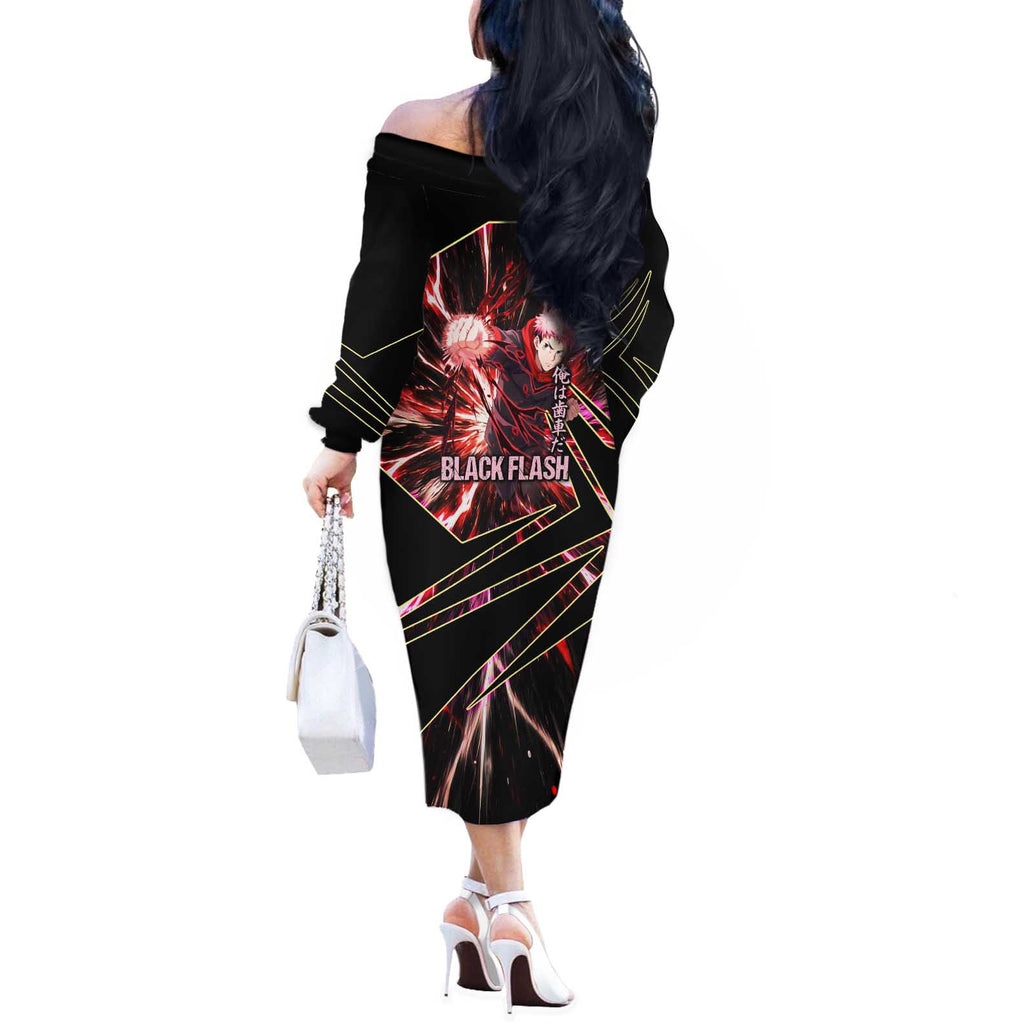 Yuji Itadori Black Flash Off The Shoulder Long Sleeve Dress Dynamic Cursed Energy Burst Style