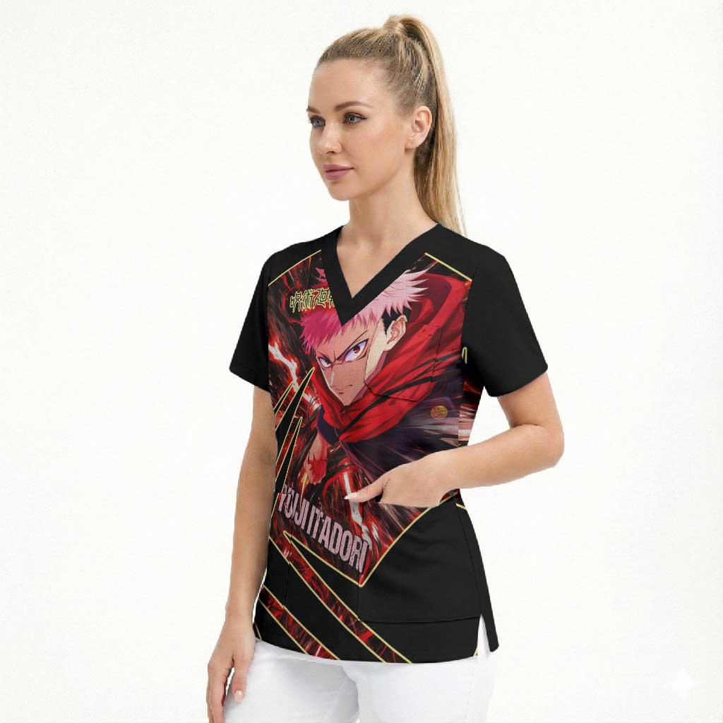 Yuji Itadori Black Flash Scrub Top Dynamic Cursed Energy Burst Style