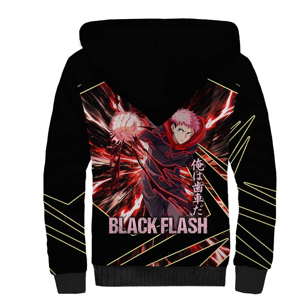 Yuji Itadori Black Flash Sherpa Hoodie Dynamic Cursed Energy Burst Style