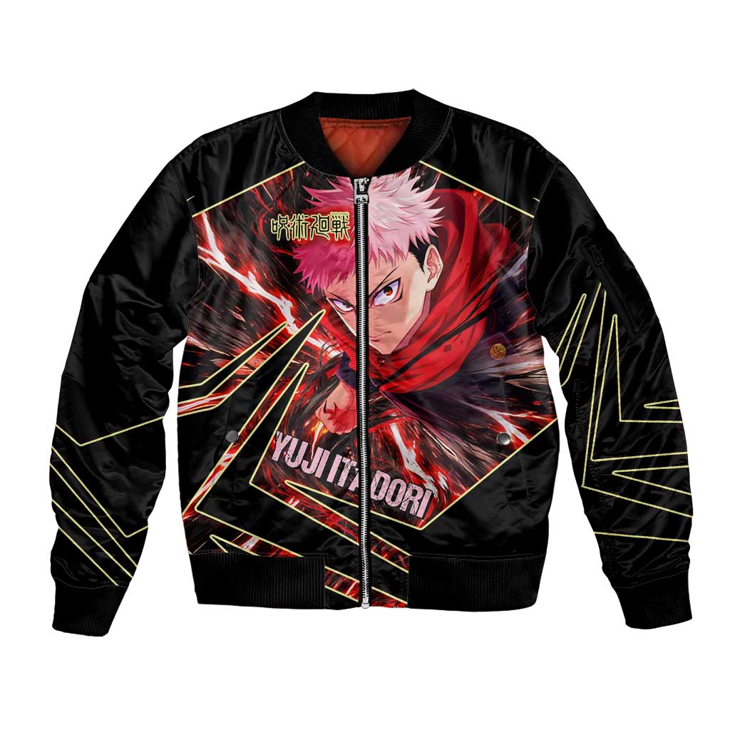 Yuji Itadori Black Flash Sleeve Zip Bomber Jacket Dynamic Cursed Energy Burst Style