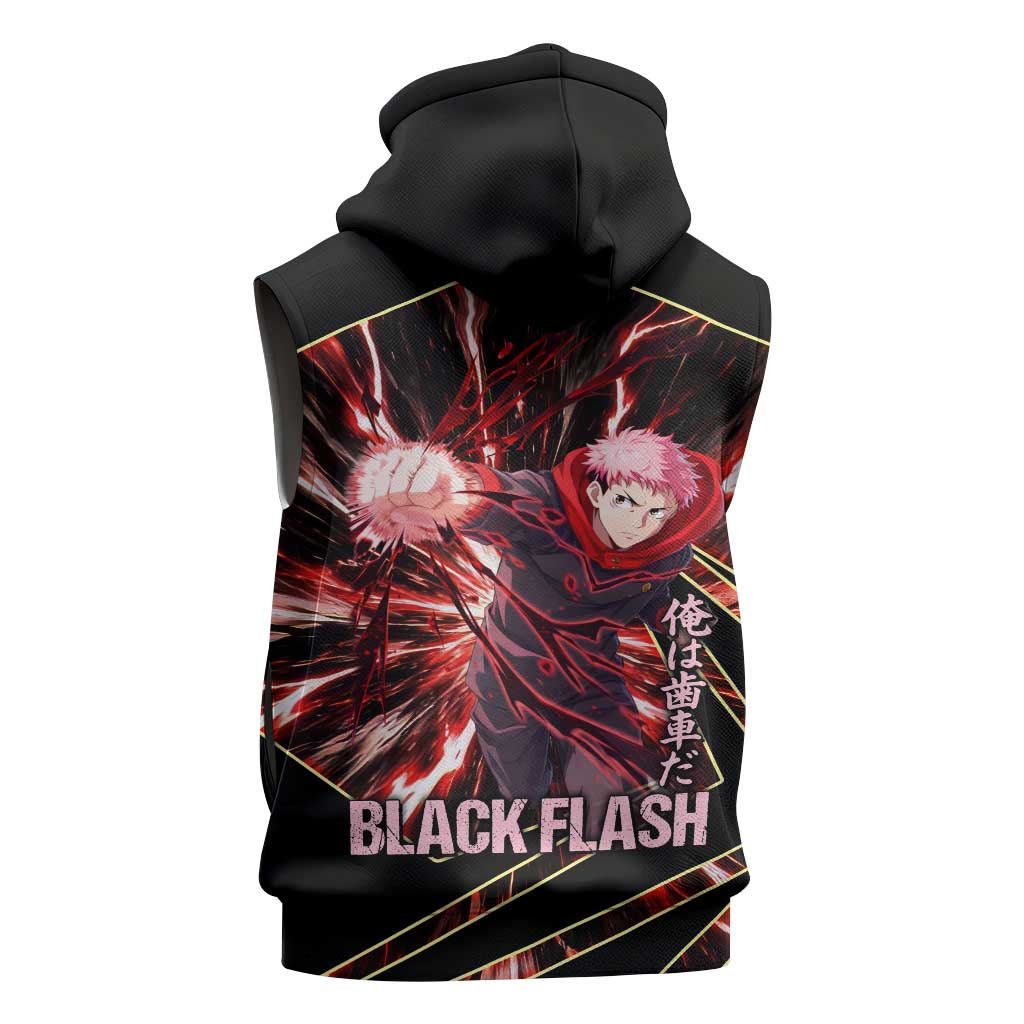 Yuji Itadori Black Flash Sleeveless Hoodie Dynamic Cursed Energy Burst Style
