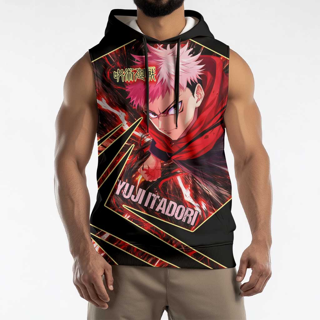 Yuji Itadori Black Flash Sleeveless Hoodie Dynamic Cursed Energy Burst Style