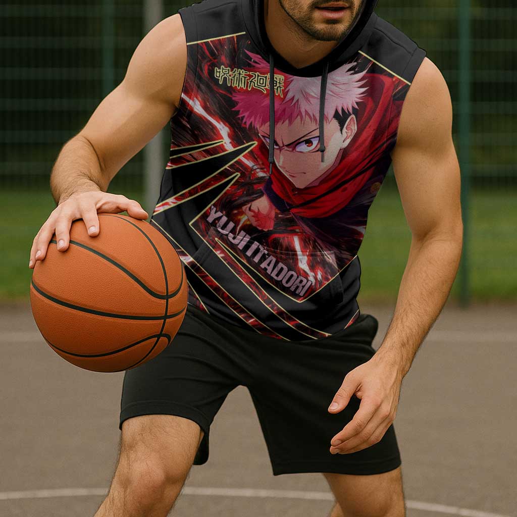 Yuji Itadori Black Flash Sleeveless Hoodie Dynamic Cursed Energy Burst Style