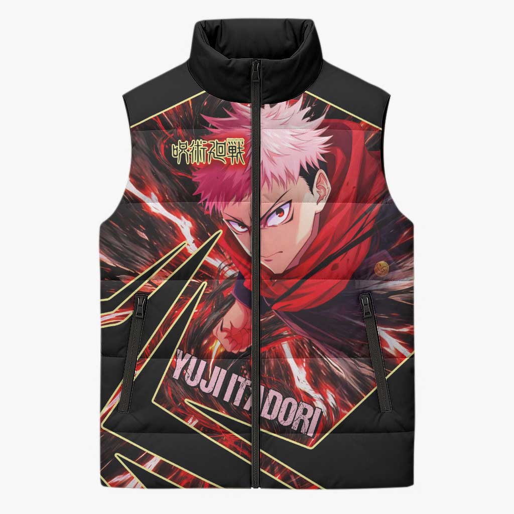 Yuji Itadori Black Flash Sleeveless Puffer Jacket Dynamic Cursed Energy Burst Style