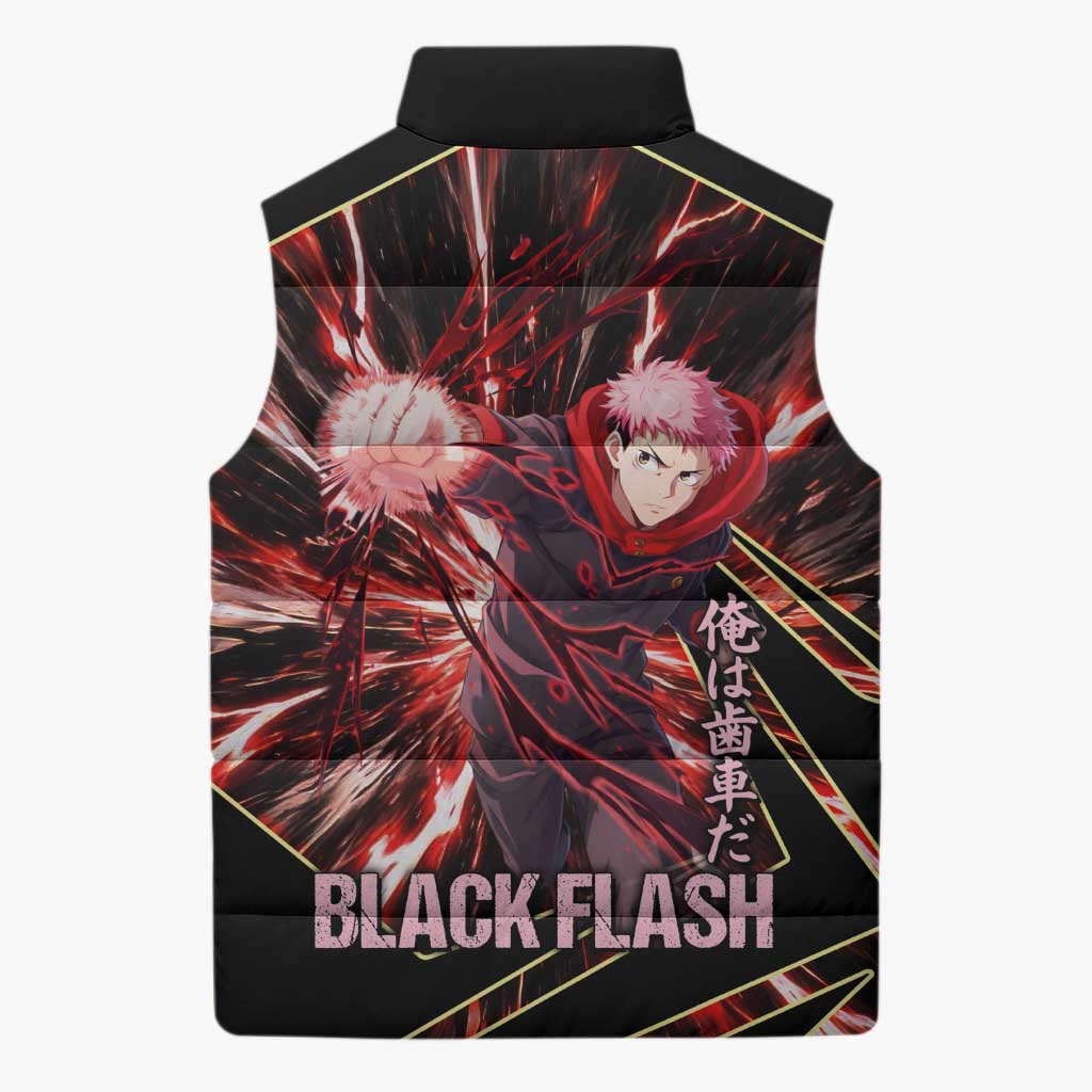 Yuji Itadori Black Flash Sleeveless Puffer Jacket Dynamic Cursed Energy Burst Style