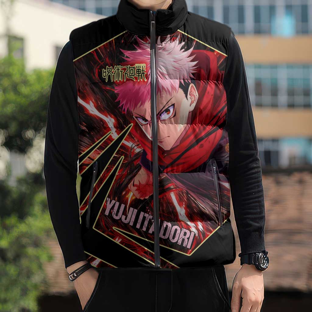 Yuji Itadori Black Flash Sleeveless Puffer Jacket Dynamic Cursed Energy Burst Style