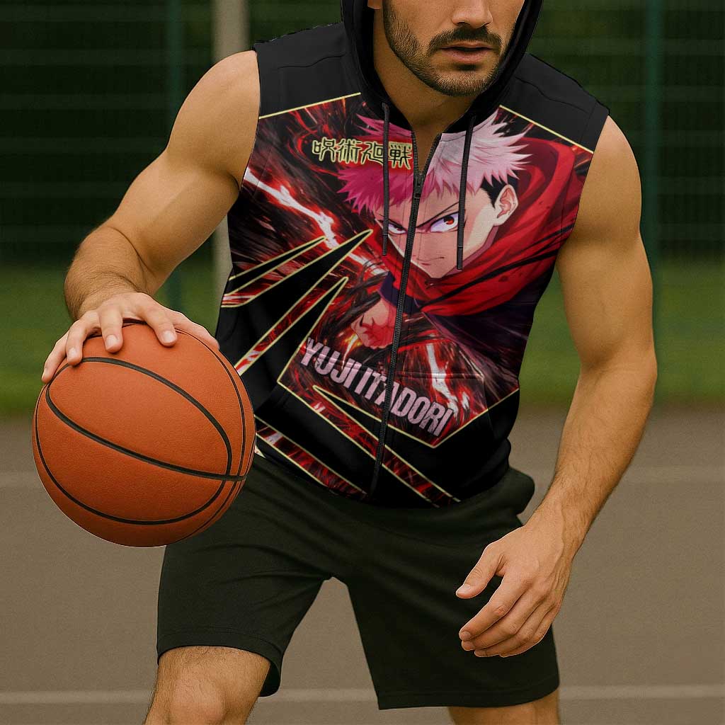 Yuji Itadori Black Flash Sleeveless Zip Hoodie Dynamic Cursed Energy Burst Style
