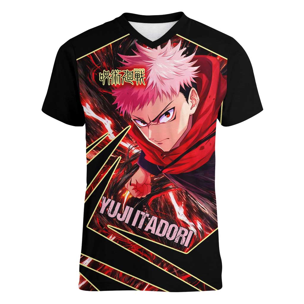 Yuji Itadori Black Flash Women V-Neck T-Shirt Dynamic Cursed Energy Burst Style