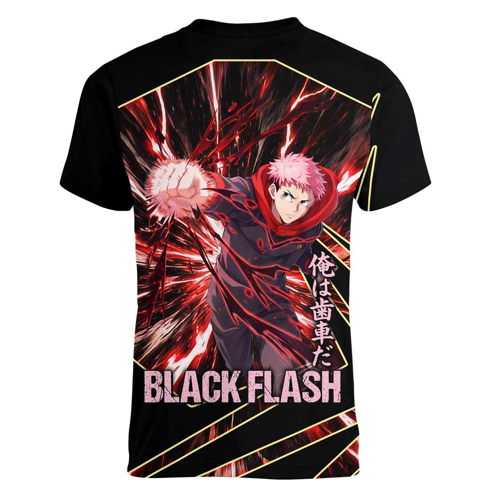 Yuji Itadori Black Flash Women V-Neck T-Shirt Dynamic Cursed Energy Burst Style