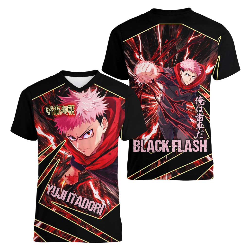 Yuji Itadori Black Flash Women V-Neck T-Shirt Dynamic Cursed Energy Burst Style