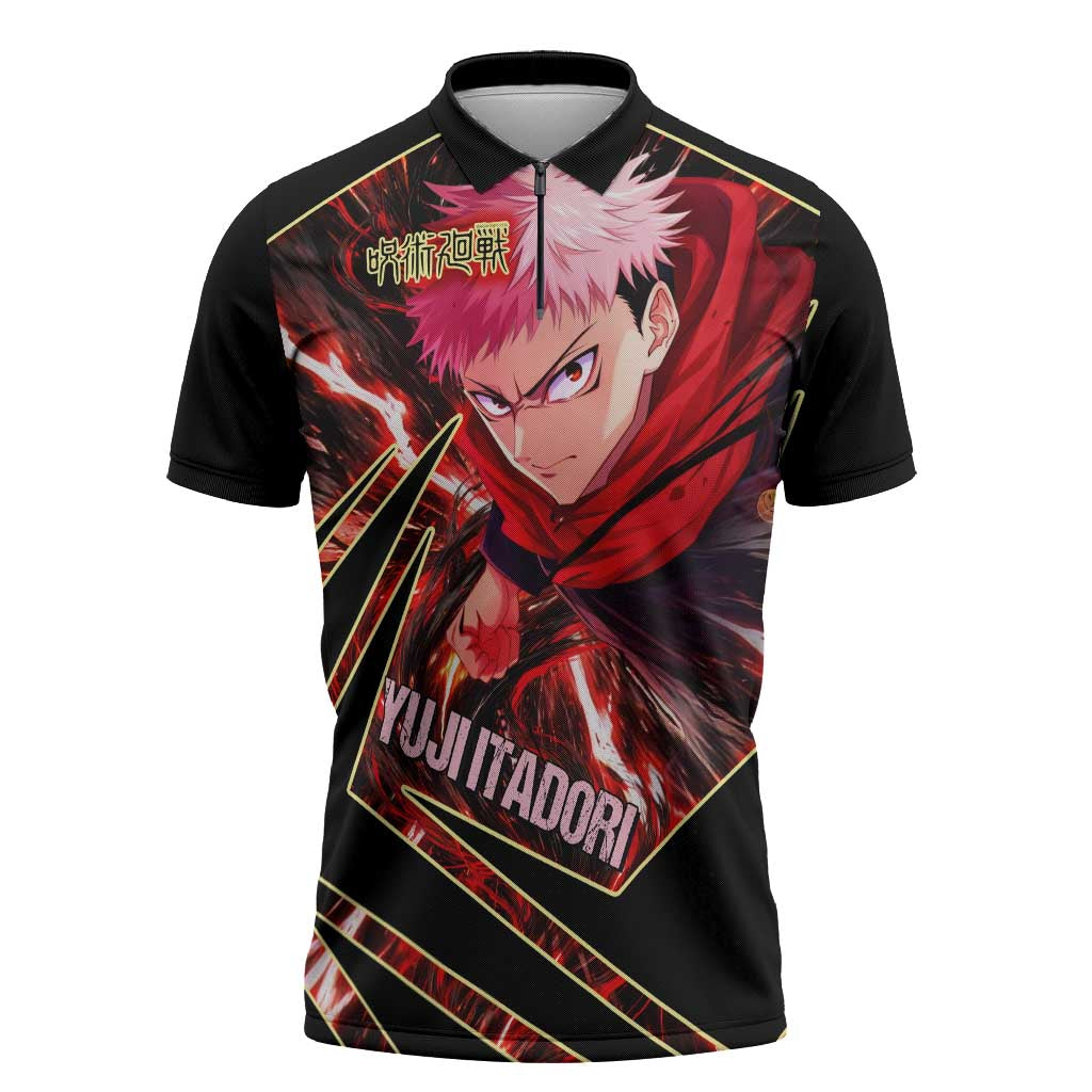 Yuji Itadori Black Flash Zipper Polo Shirt Dynamic Cursed Energy Burst Style