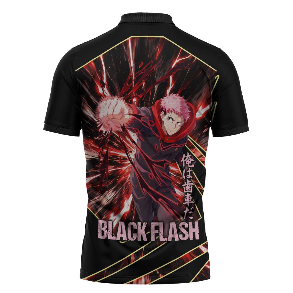 Yuji Itadori Black Flash Zipper Polo Shirt Dynamic Cursed Energy Burst Style