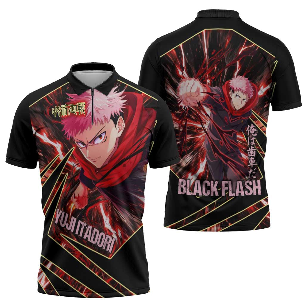 Yuji Itadori Black Flash Zipper Polo Shirt Dynamic Cursed Energy Burst Style