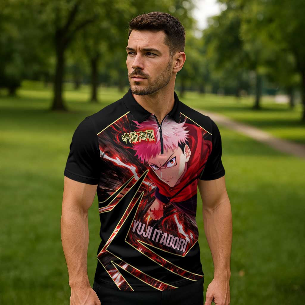 Yuji Itadori Black Flash Zipper Polo Shirt Dynamic Cursed Energy Burst Style