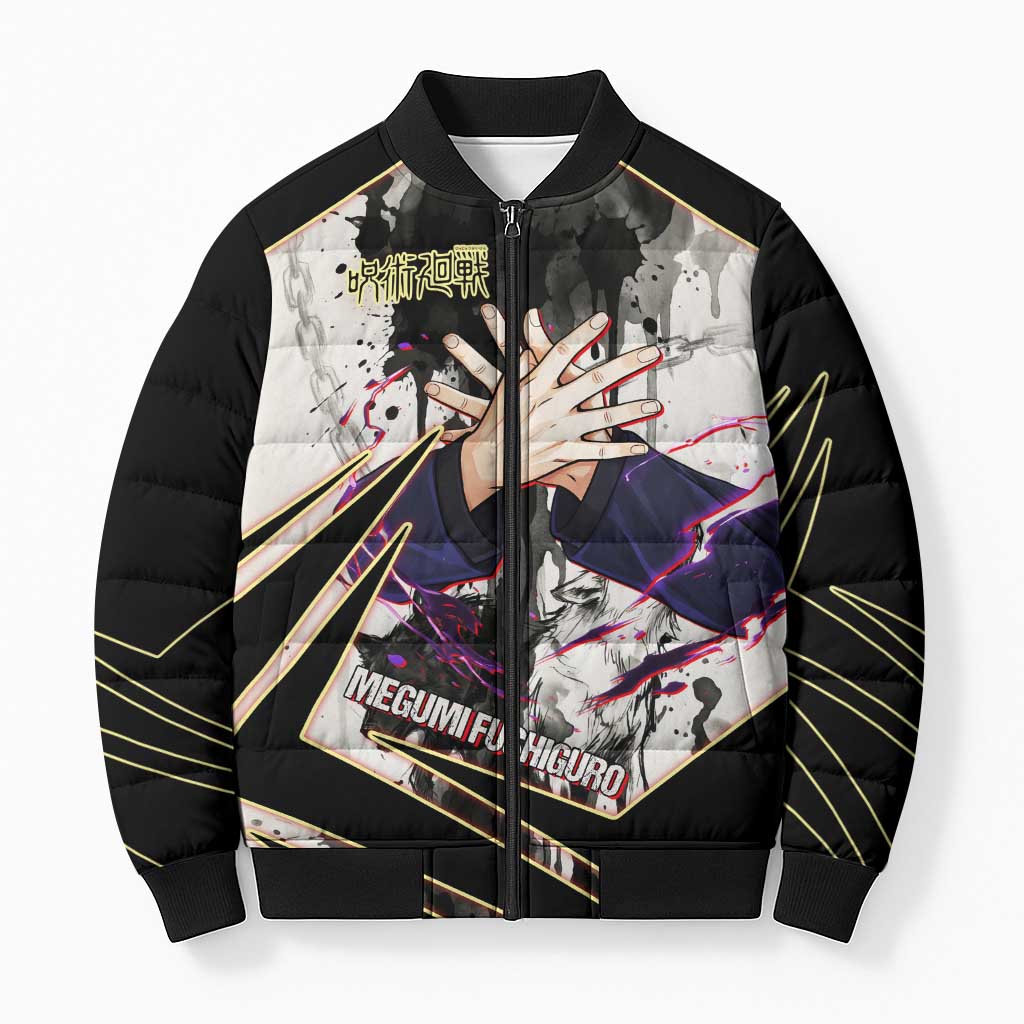 Megumi Fushiguro Shadow Master Bomber Puffer Jacket Ink-Stained Cursed Technique Style