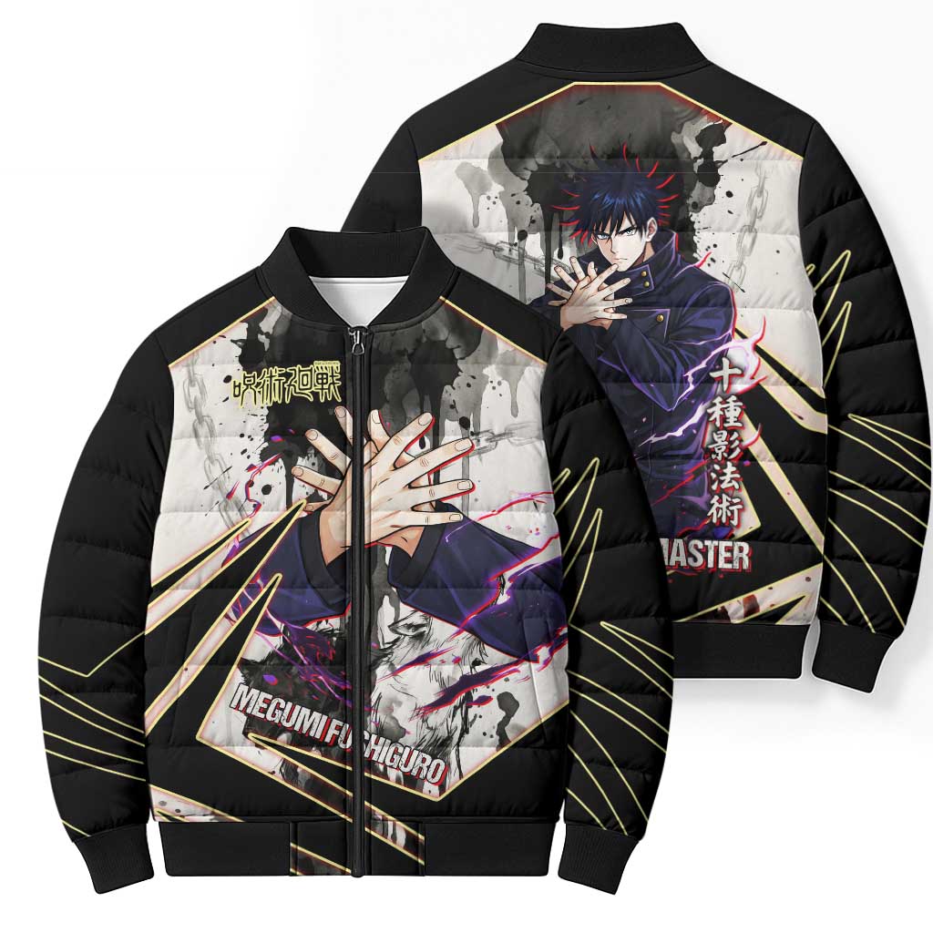 Megumi Fushiguro Shadow Master Bomber Puffer Jacket Ink-Stained Cursed Technique Style