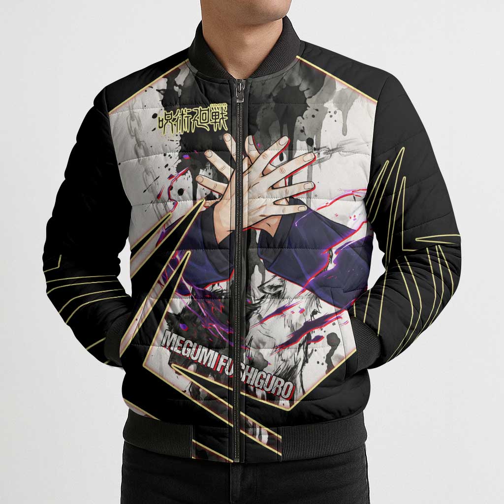 Megumi Fushiguro Shadow Master Bomber Puffer Jacket Ink-Stained Cursed Technique Style