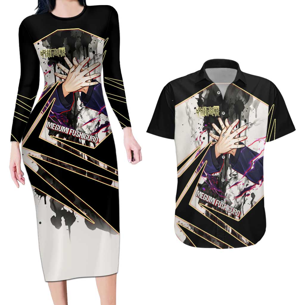 Megumi Fushiguro Shadow Master Couples Matching Long Sleeve Bodycon Dress and Hawaiian Shirt Ink-Stained Cursed Technique Style