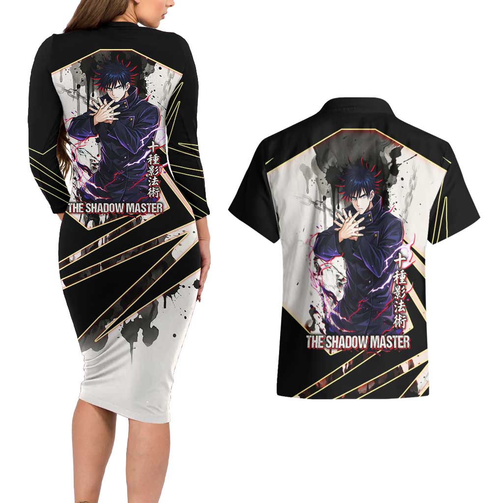 Megumi Fushiguro Shadow Master Couples Matching Long Sleeve Bodycon Dress and Hawaiian Shirt Ink-Stained Cursed Technique Style