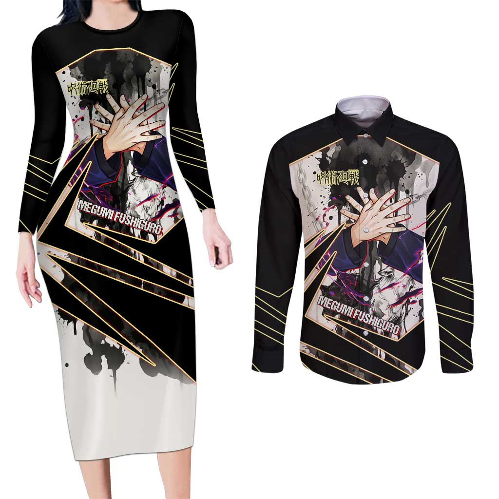 Megumi Fushiguro Shadow Master Couples Matching Long Sleeve Bodycon Dress and Long Sleeve Button Shirt Ink-Stained Cursed Technique Style