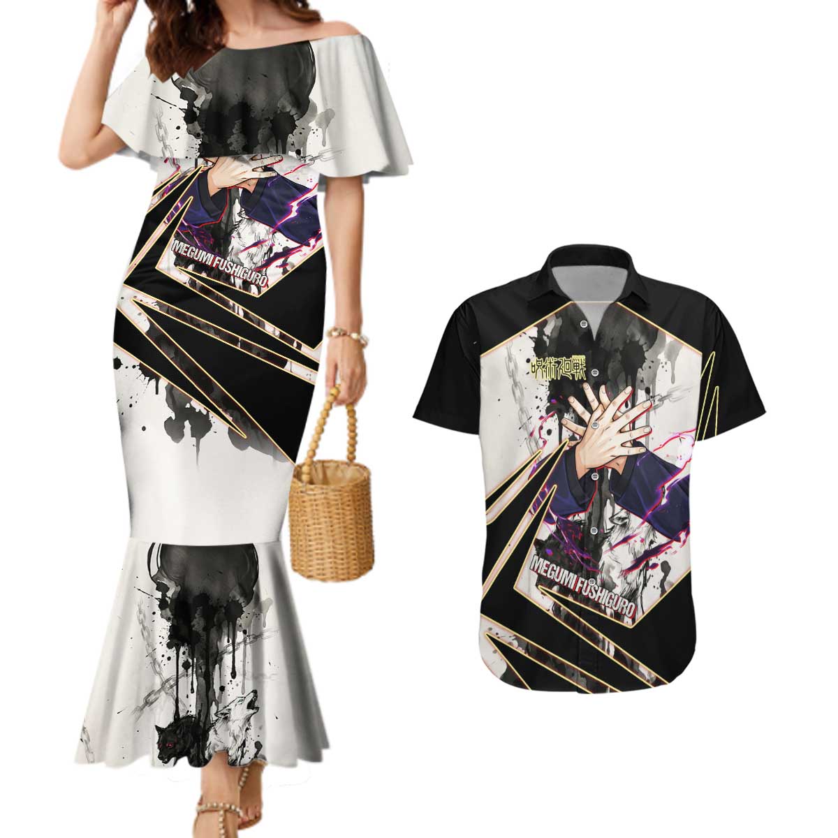 Megumi Fushiguro Shadow Master Couples Matching Mermaid Dress and Hawaiian Shirt Ink-Stained Cursed Technique Style