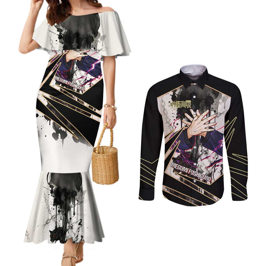 Megumi Fushiguro Shadow Master Couples Matching Mermaid Dress and Long Sleeve Button Shirt Ink-Stained Cursed Technique Style