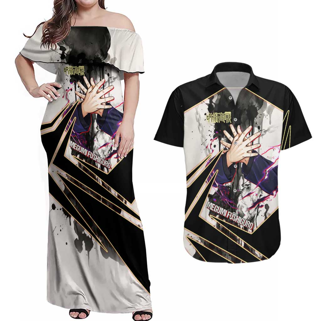 Megumi Fushiguro Shadow Master Couples Matching Off Shoulder Maxi Dress and Hawaiian Shirt Ink-Stained Cursed Technique Style