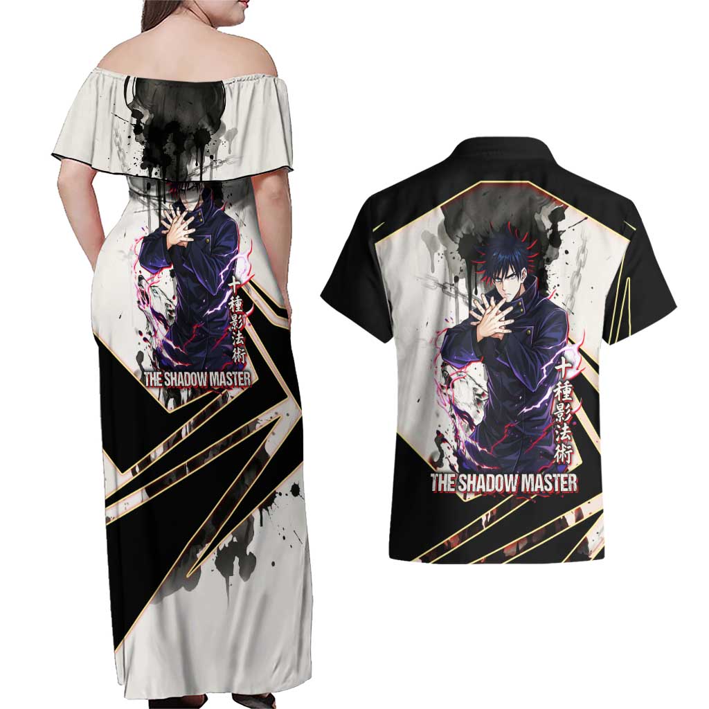 Megumi Fushiguro Shadow Master Couples Matching Off Shoulder Maxi Dress and Hawaiian Shirt Ink-Stained Cursed Technique Style