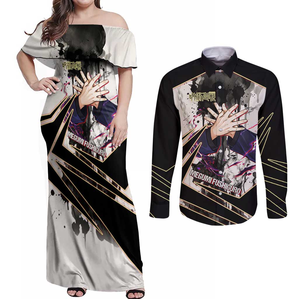 Megumi Fushiguro Shadow Master Couples Matching Off Shoulder Maxi Dress and Long Sleeve Button Shirt Ink-Stained Cursed Technique Style