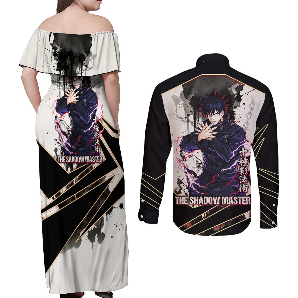 Megumi Fushiguro Shadow Master Couples Matching Off Shoulder Maxi Dress and Long Sleeve Button Shirt Ink-Stained Cursed Technique Style