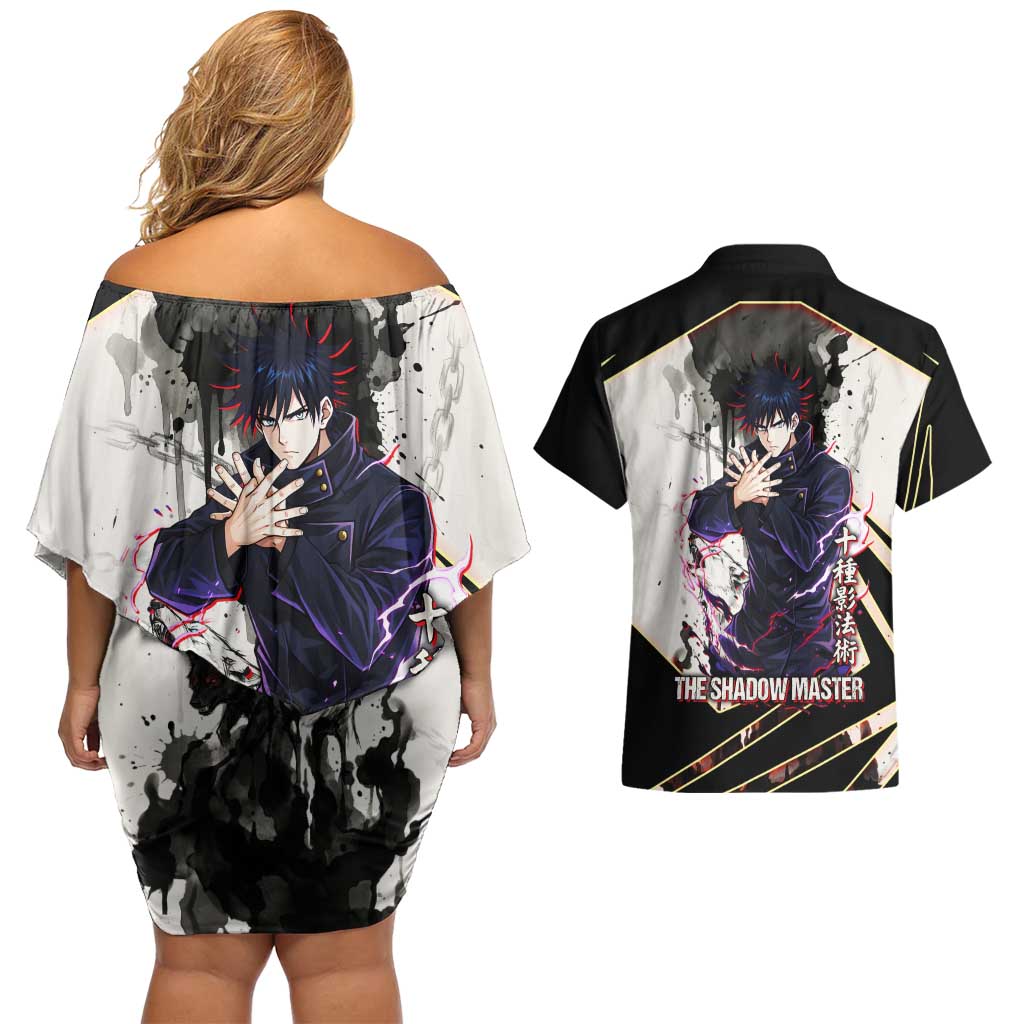 Megumi Fushiguro Shadow Master Couples Matching Off Shoulder Short Dress and Hawaiian Shirt Ink-Stained Cursed Technique Style