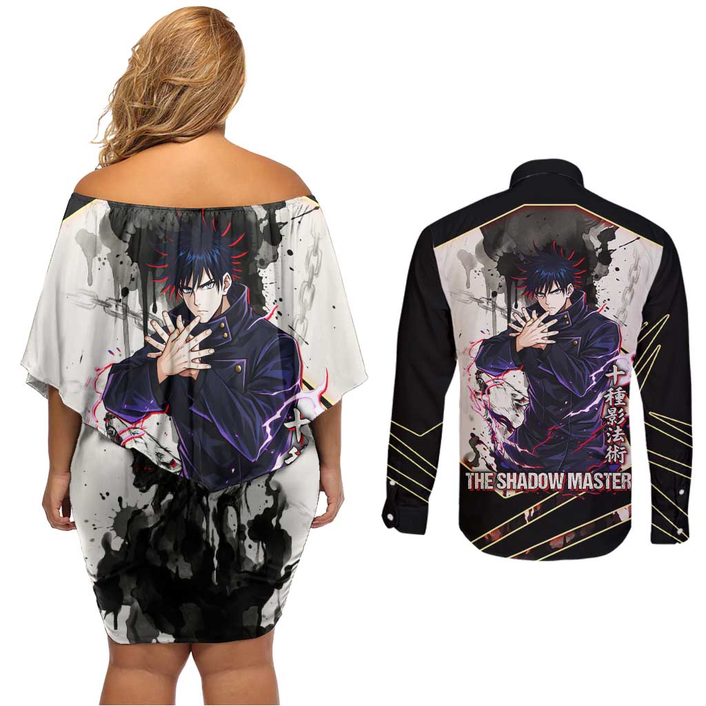Megumi Fushiguro Shadow Master Couples Matching Off Shoulder Short Dress and Long Sleeve Button Shirt Ink-Stained Cursed Technique Style