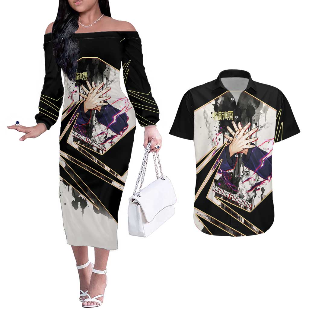 Megumi Fushiguro Shadow Master Couples Matching Off The Shoulder Long Sleeve Dress and Hawaiian Shirt Ink-Stained Cursed Technique Style