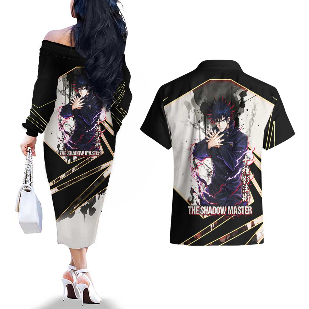 Megumi Fushiguro Shadow Master Couples Matching Off The Shoulder Long Sleeve Dress and Hawaiian Shirt Ink-Stained Cursed Technique Style