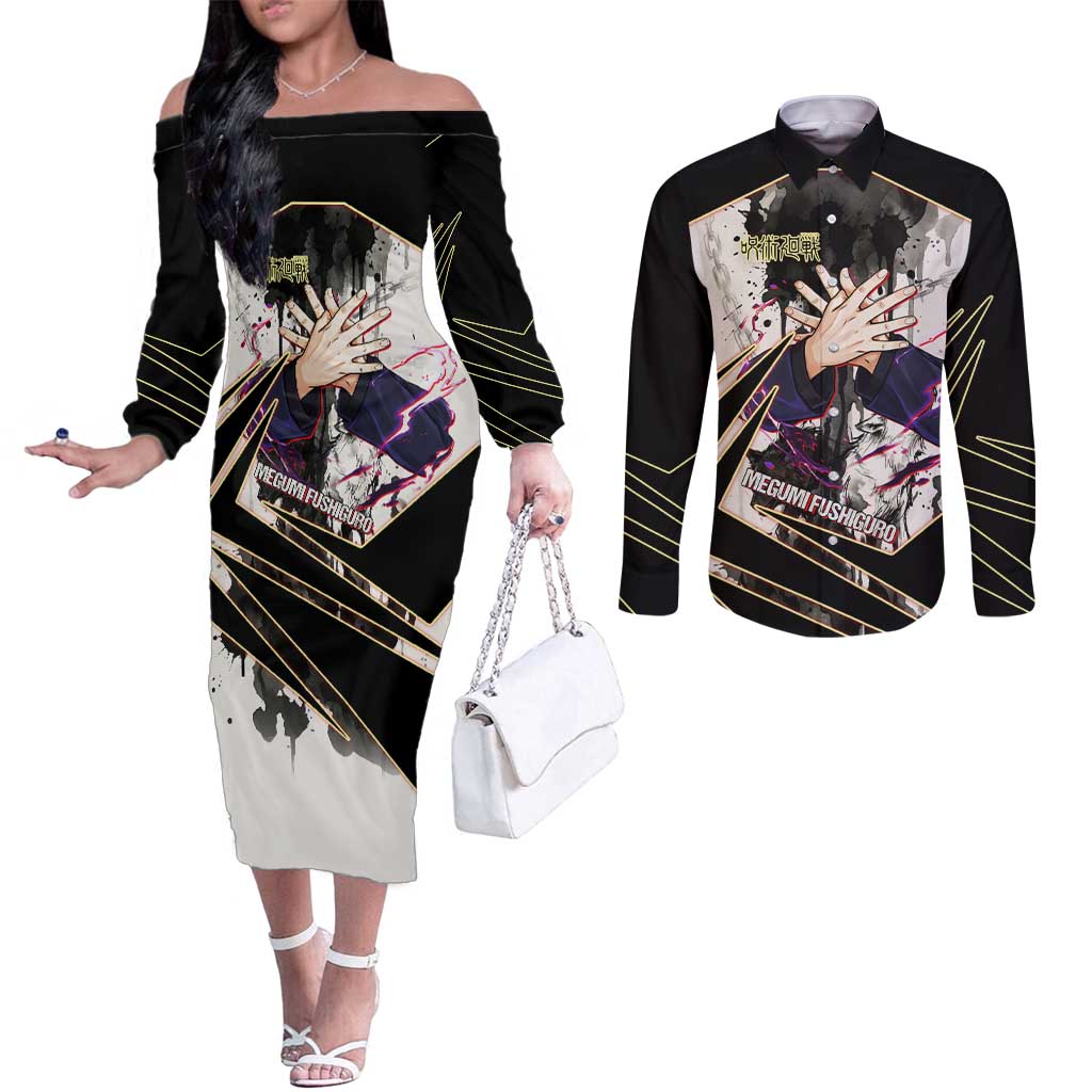 Megumi Fushiguro Shadow Master Couples Matching Off The Shoulder Long Sleeve Dress and Long Sleeve Button Shirt Ink-Stained Cursed Technique Style