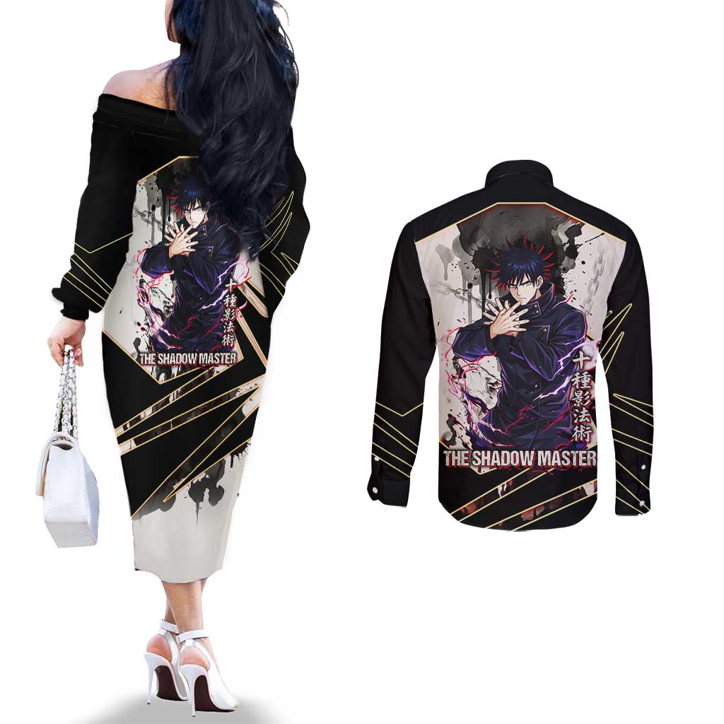 Megumi Fushiguro Shadow Master Couples Matching Off The Shoulder Long Sleeve Dress and Long Sleeve Button Shirt Ink-Stained Cursed Technique Style